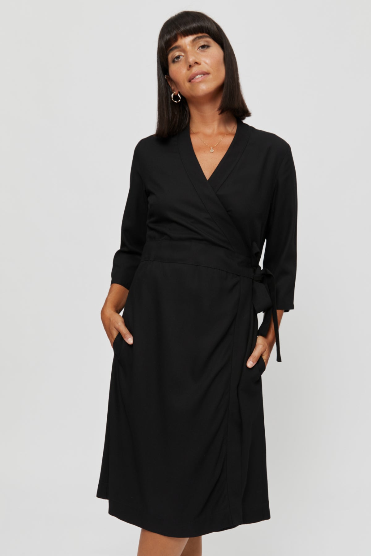 Black Wrap Dress SANDRA. Midi Formal V Neck Wrap Dress · Cocktail and Evening Wrap Dress - AYANI
