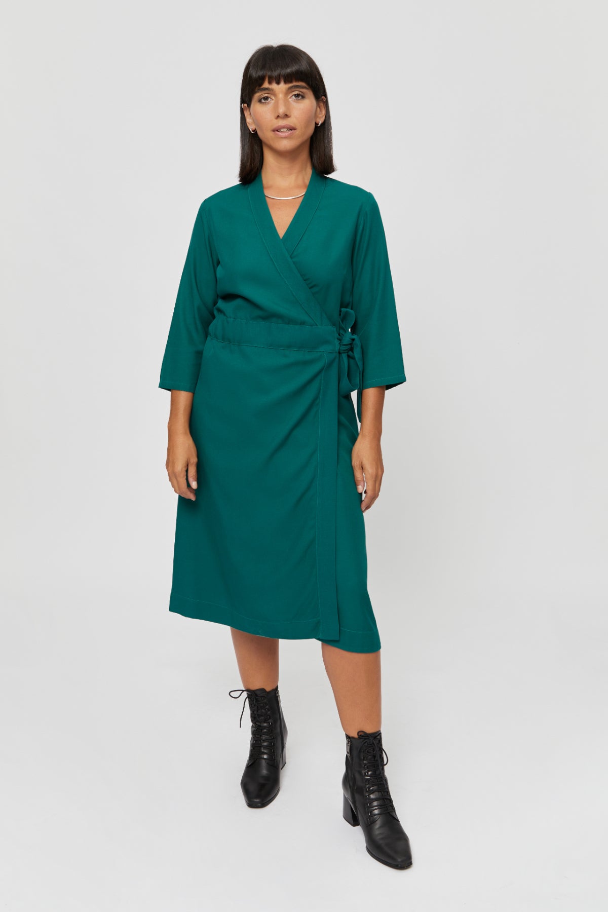 Green Wrap Dress SANDRA. Midi Formal V Neck Wrap Dress · Cocktail and Evening Wrap Dress - AYANI
