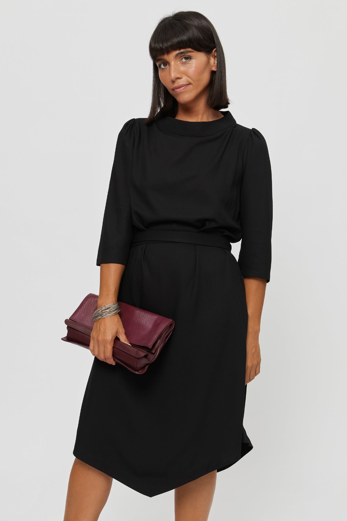 Suzi | Belted Angle Dress with Boat Neckline in Black