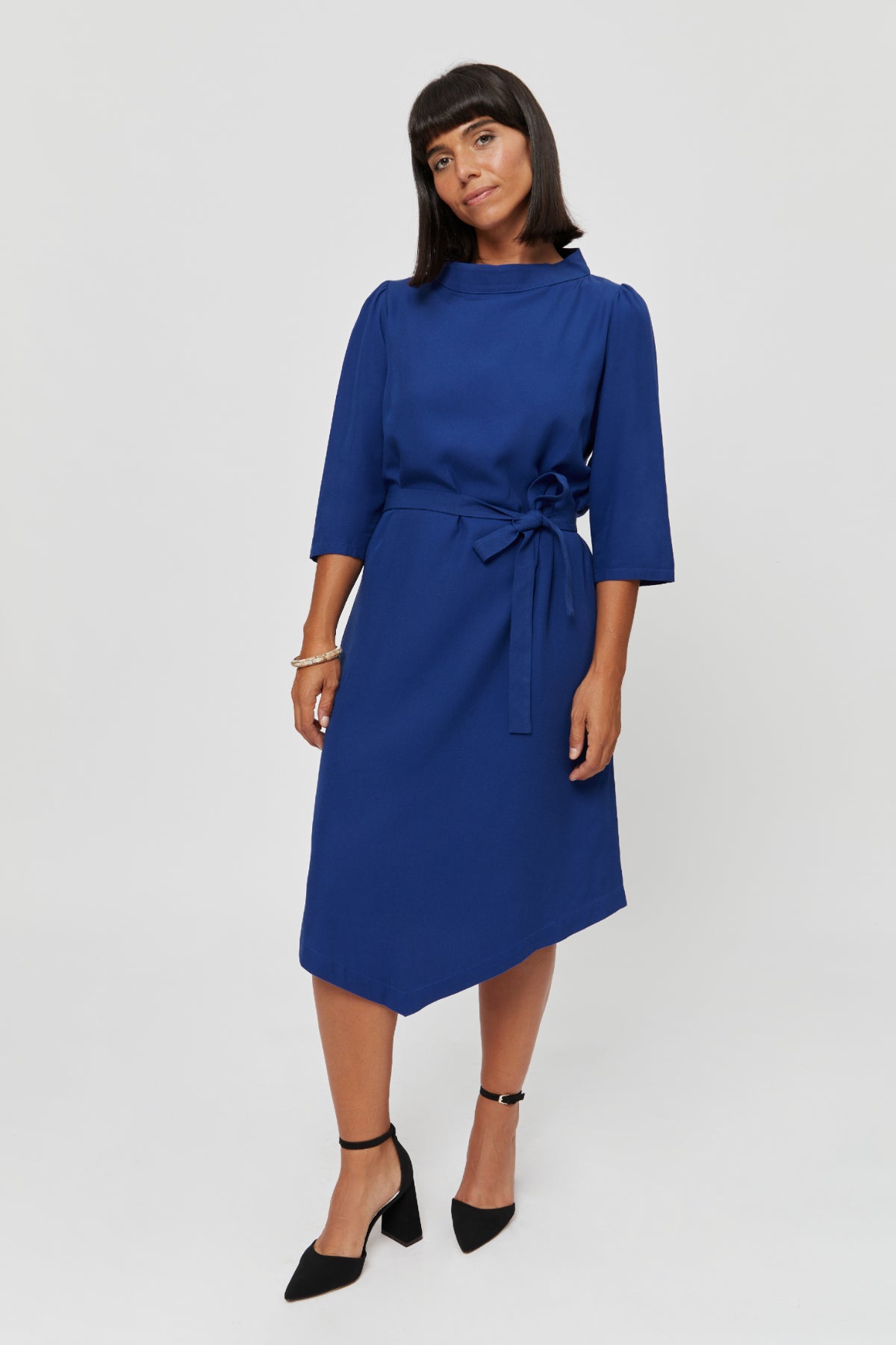 Suzi | Belted Angle Dress with Boat Neckline in Midnight Blue