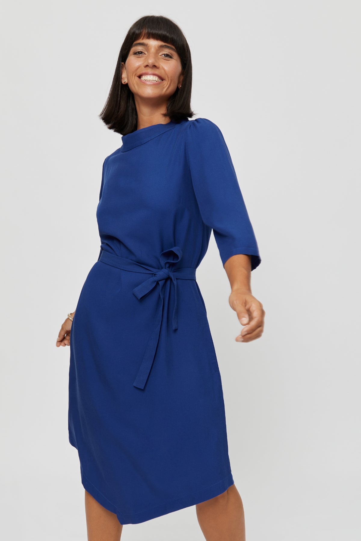 Suzi | Belted Angle Dress with Boat Neckline in Midnight Blue