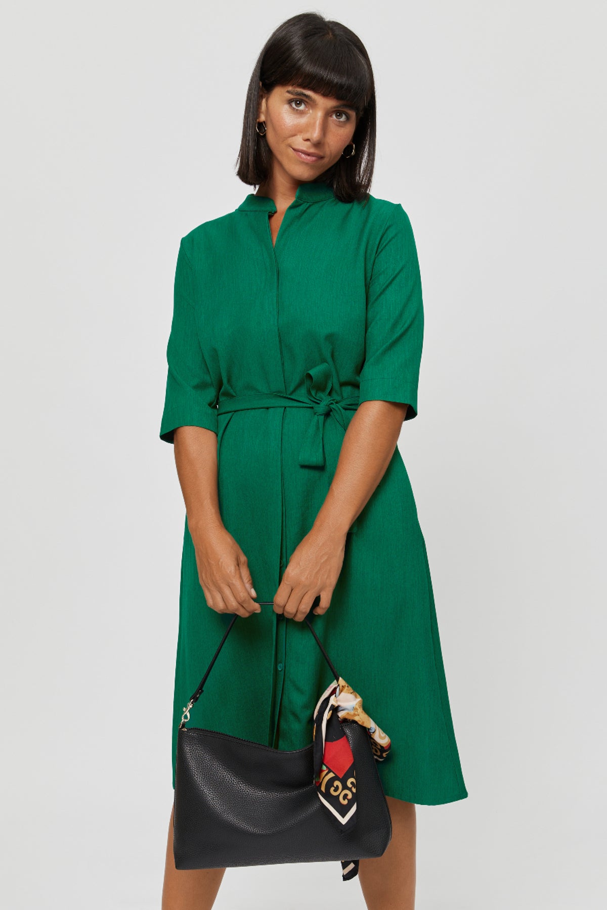 Green Shirtdress LIDIA Midi Shirt Dress Cocktail and Line Dress · Knee Length with Pockets and 3/4 Sleeves - AYANI