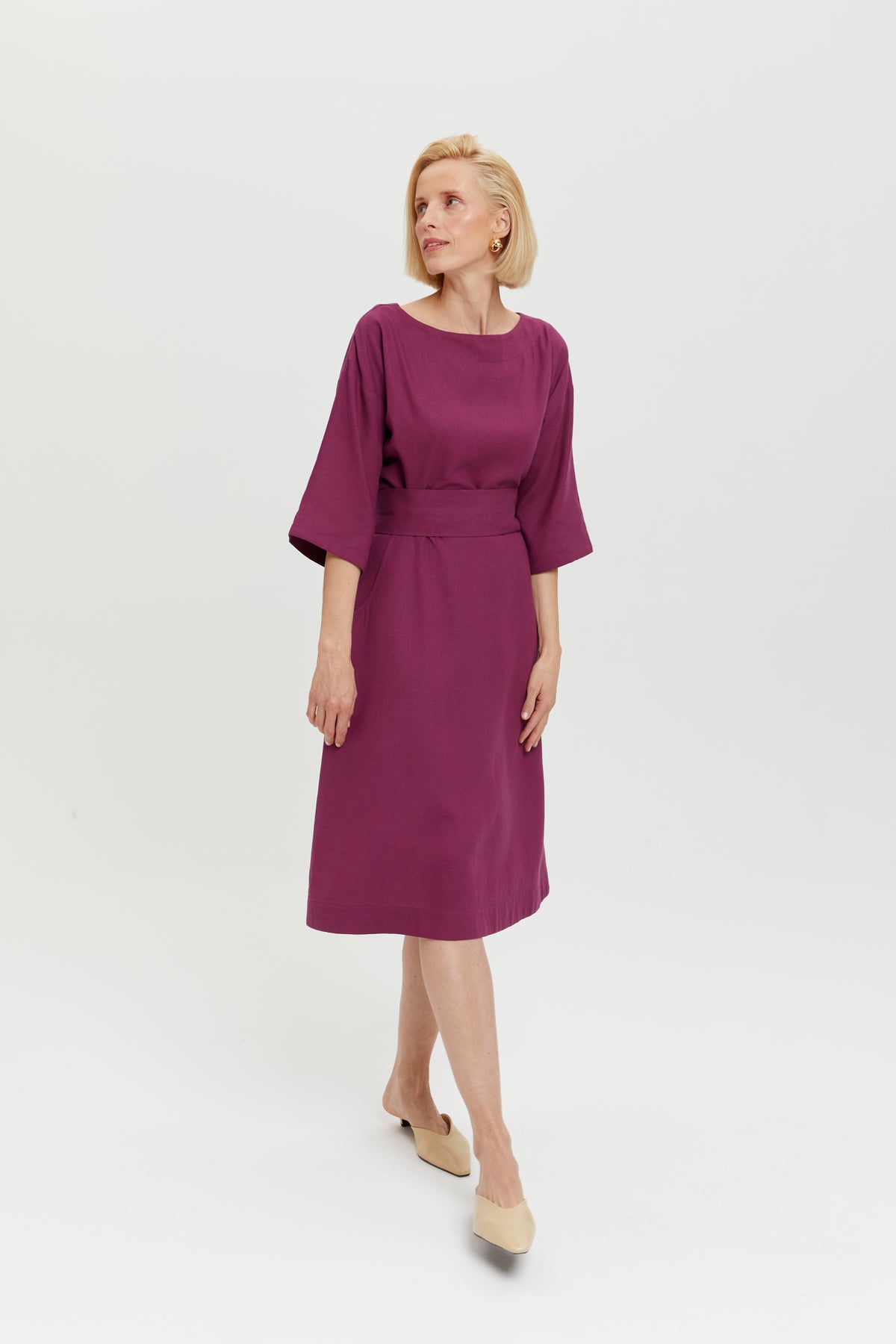 Mane | Elegant Midi Dress with Kimono Belt in Purple