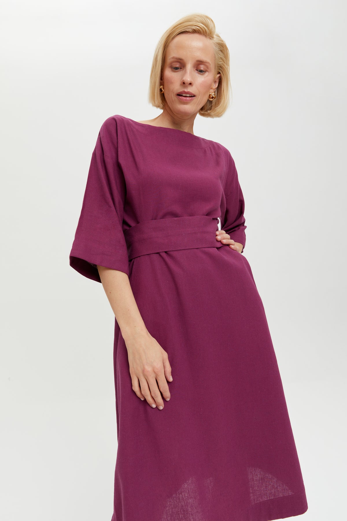Mane | Elegant Midi Dress with Kimono Belt in Purple