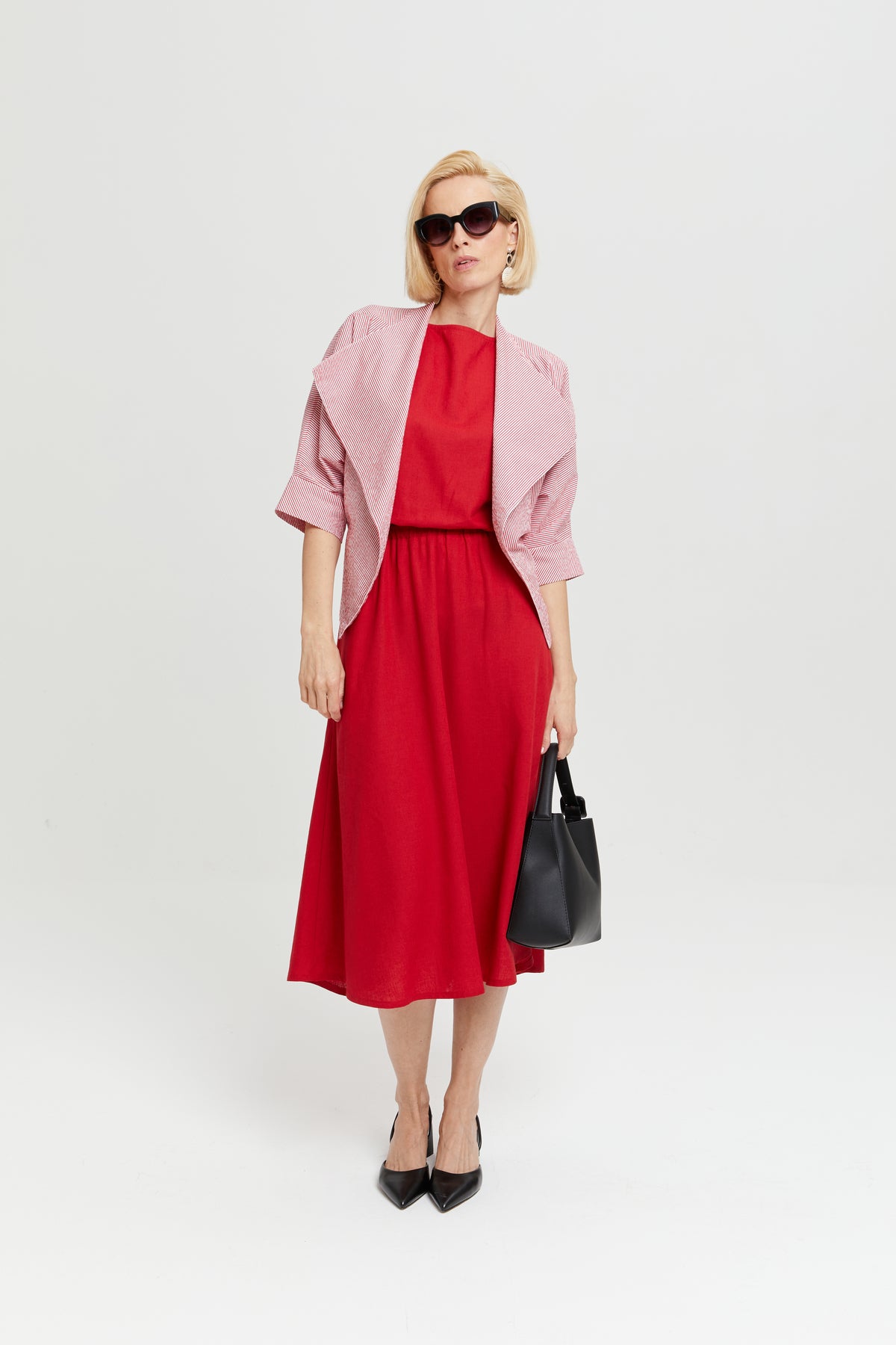 Nane | Linen Dress with Short Sleeves in Red