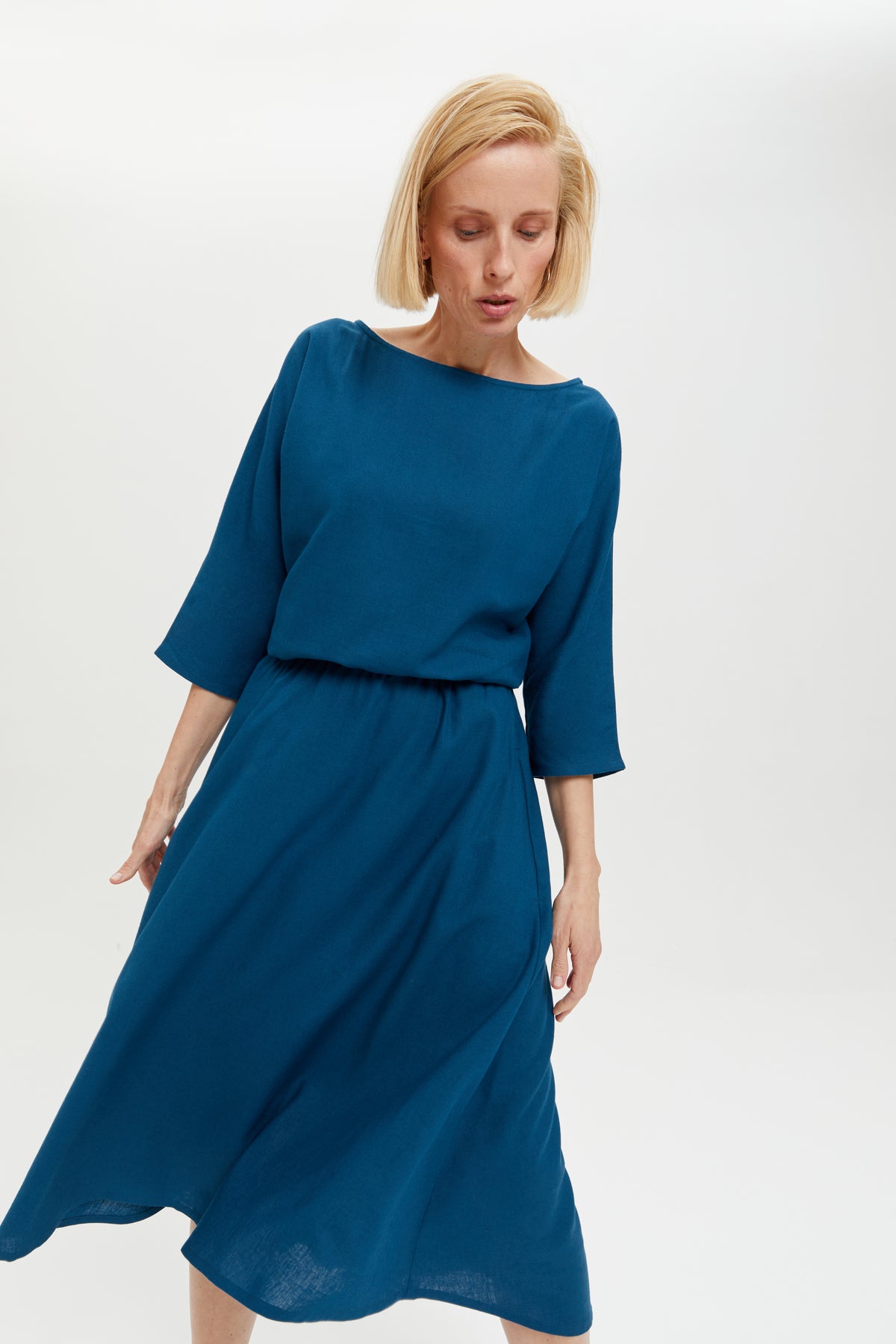 Nane | Linen Dress with 3/4 Sleeves in Petrol-Blue