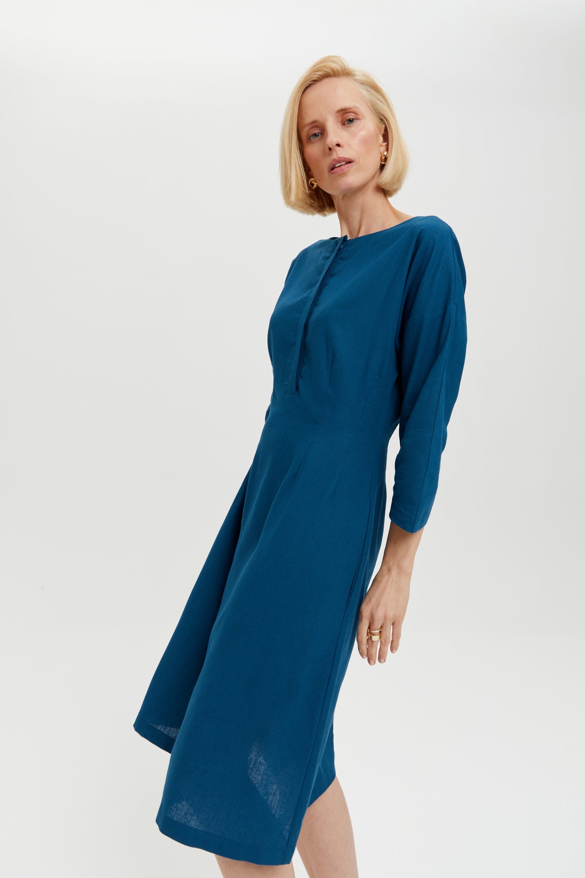 Lusin | Midi Linen Dress with Button-Front in Petrol-Blue