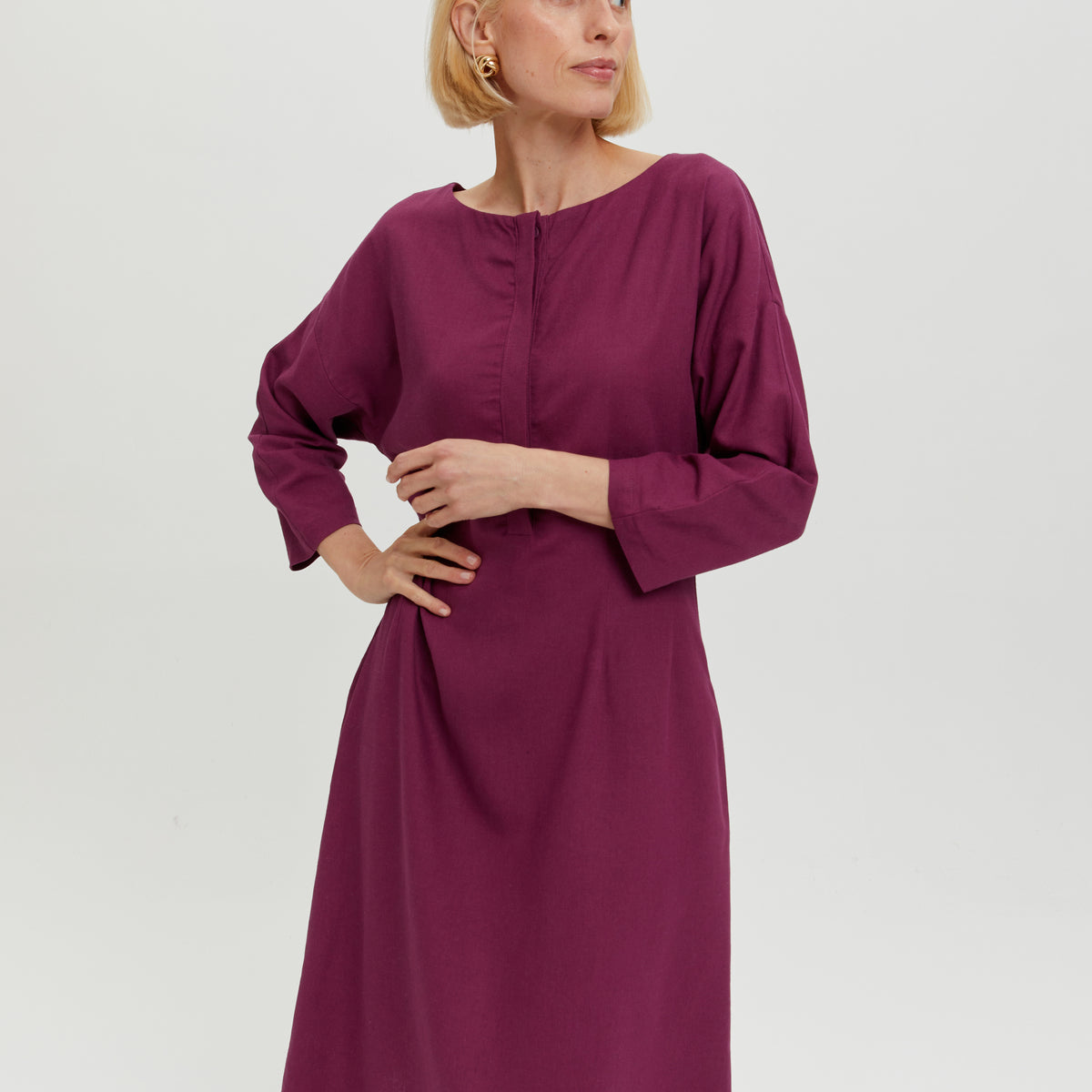 Midi Dress LUSIN, Summer Linen Dress in Purple