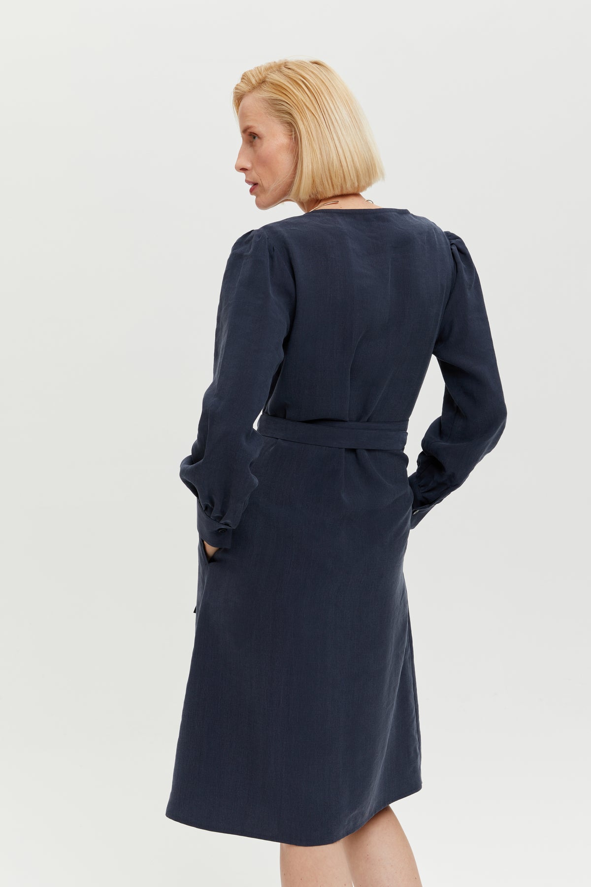 Sophie | Classy Wrap Dress with Puff Sleeves and Tie Waist in Dark Blue