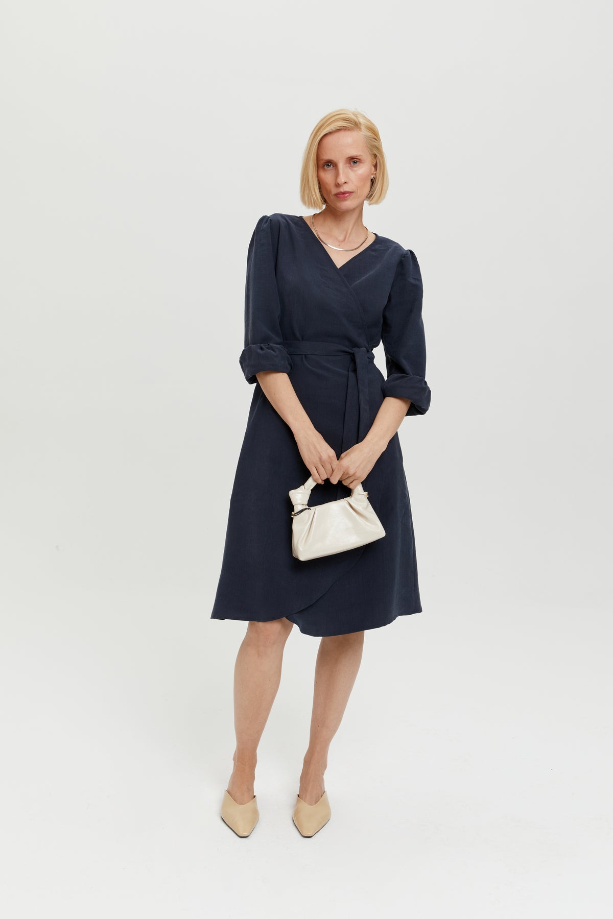 Sophie Classy Wrap Dress with Puff Sleeves and Tie Waist in Dark Blue