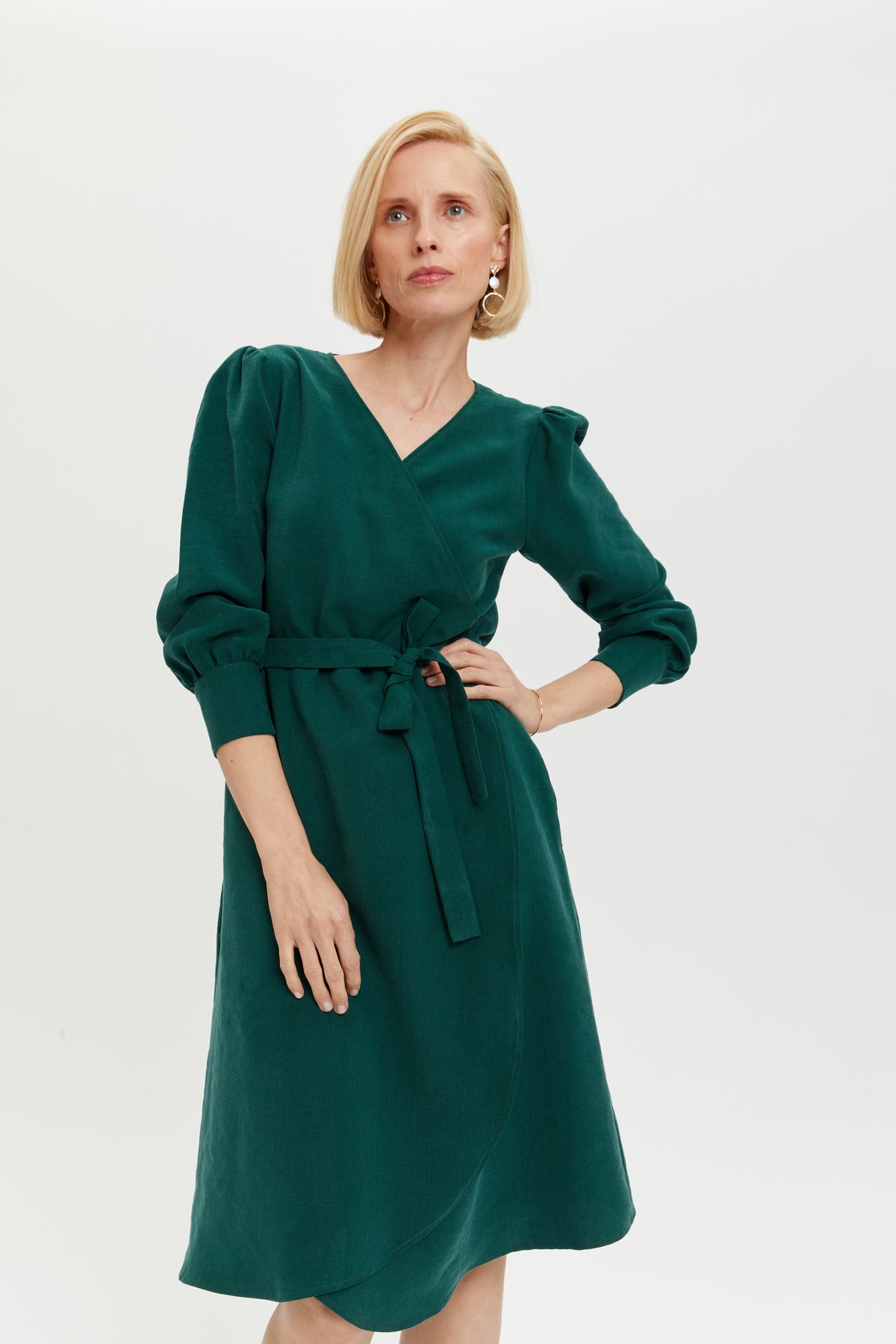 Sophie | Classy Wrap Dress with Puff Sleeves and Tie Waist in Forest Green