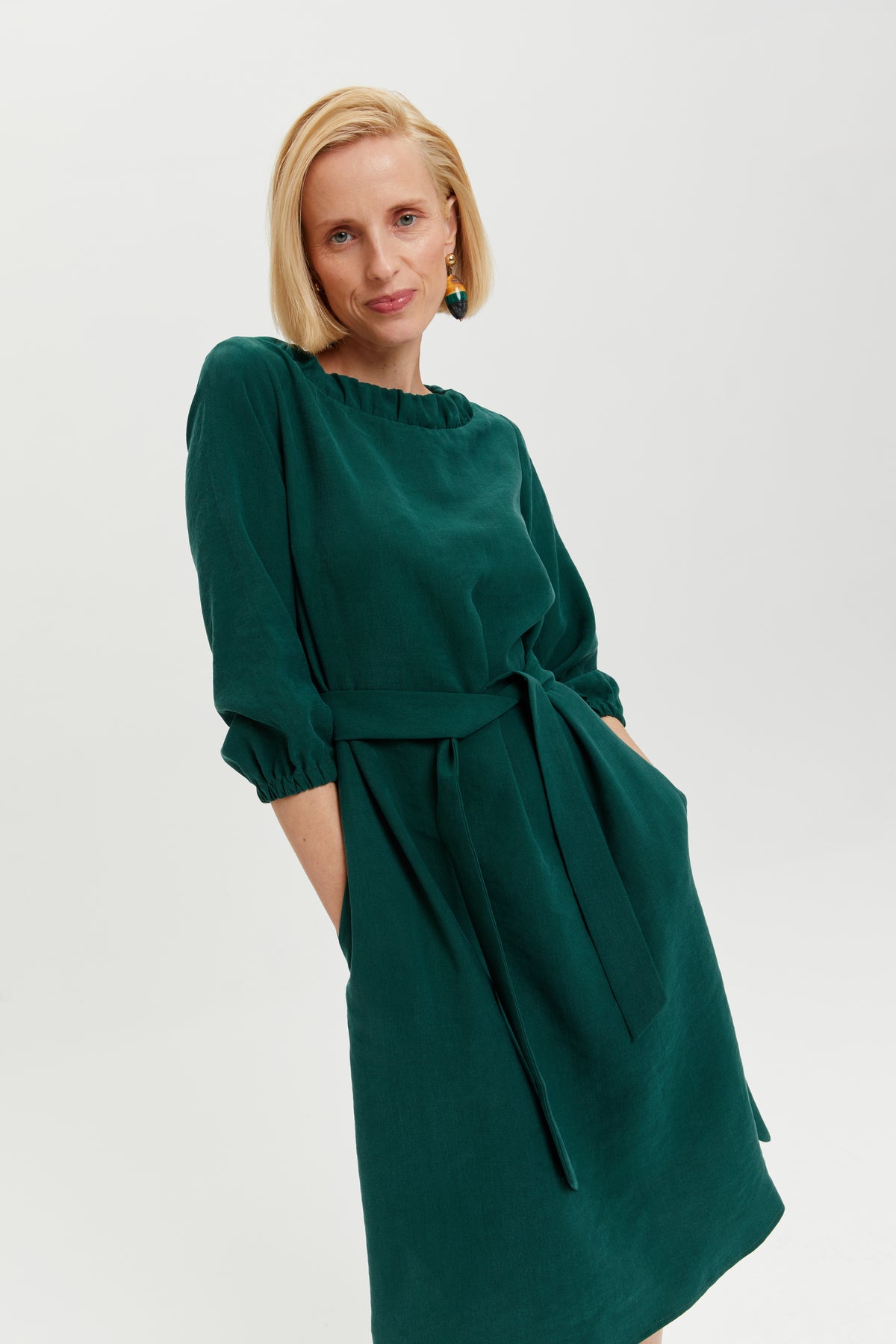 Celine | Elegant Belted Dress with Neckline Element in Forest Green