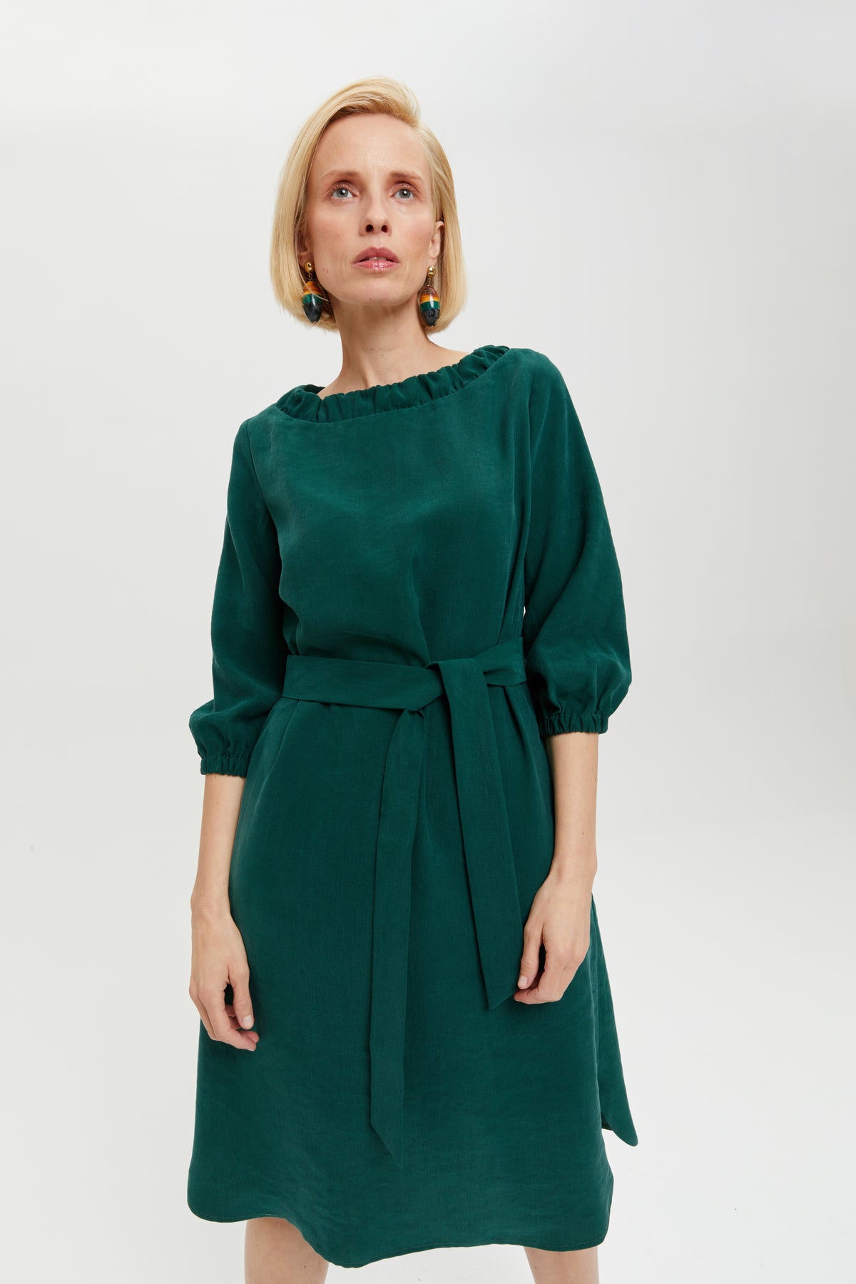 Celine | Elegant Belted Dress with Neckline Element in Forest Green