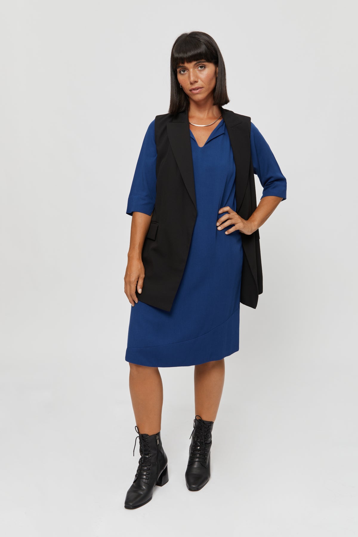 Blue A Line Dress CATHERINE. Formal Midi Work Dress in Blue · Belted Dress with Pockets - AYANI