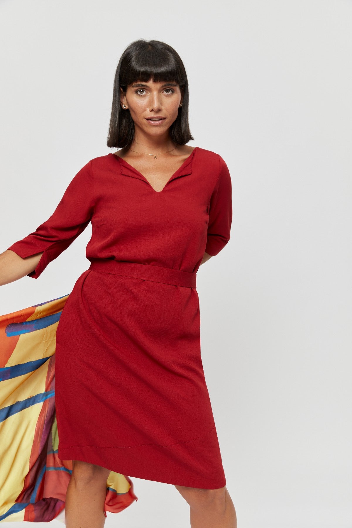 Red A Line Dress CATHERINE. Formal Midi Work Dress in Red · Belted Dress with Pockets - AYANI