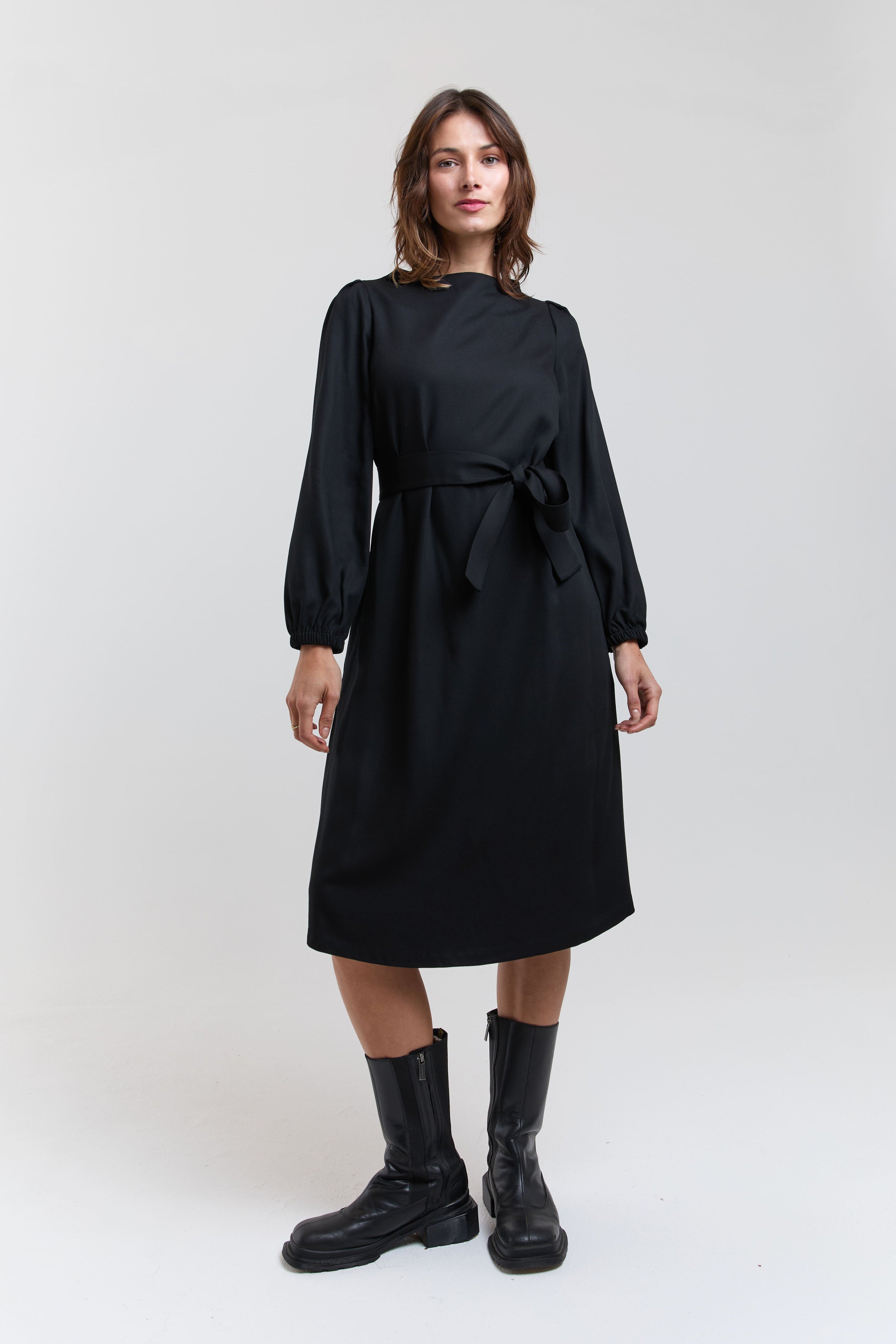 black midi dress women long sleeve elegant work dress with belt