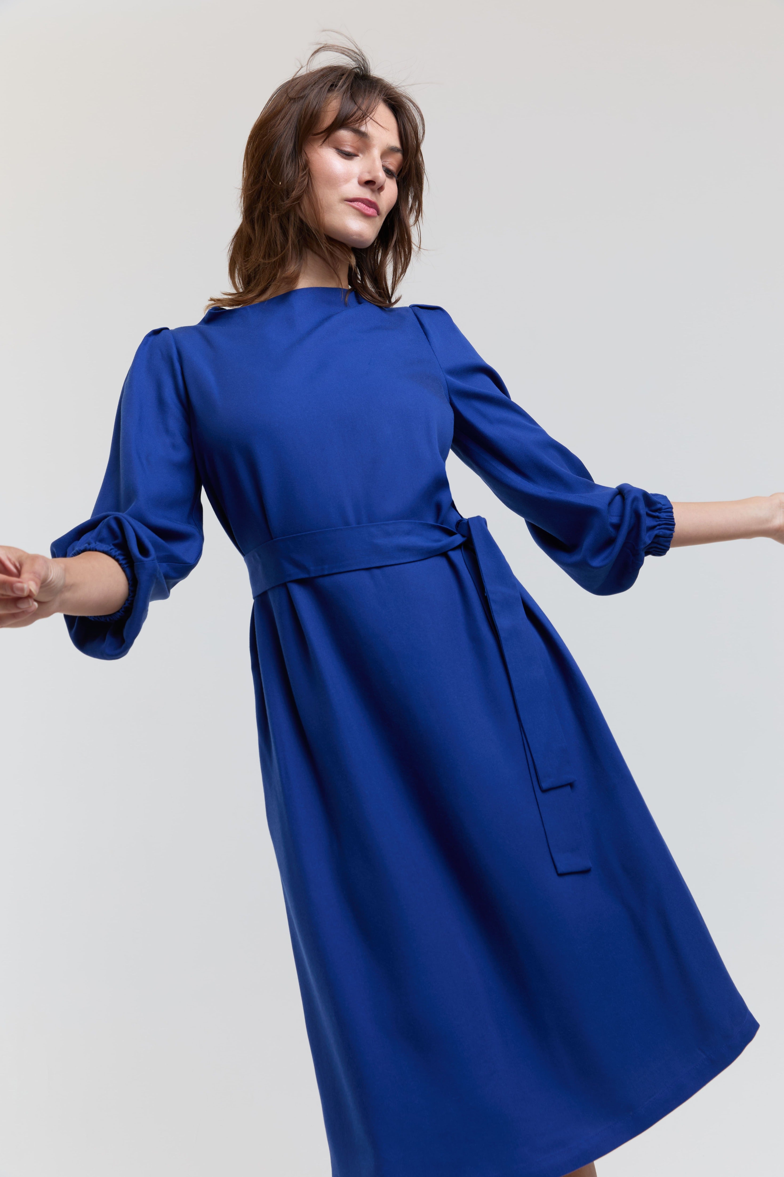 blue midi dress women long sleeve elegant work dress with belt