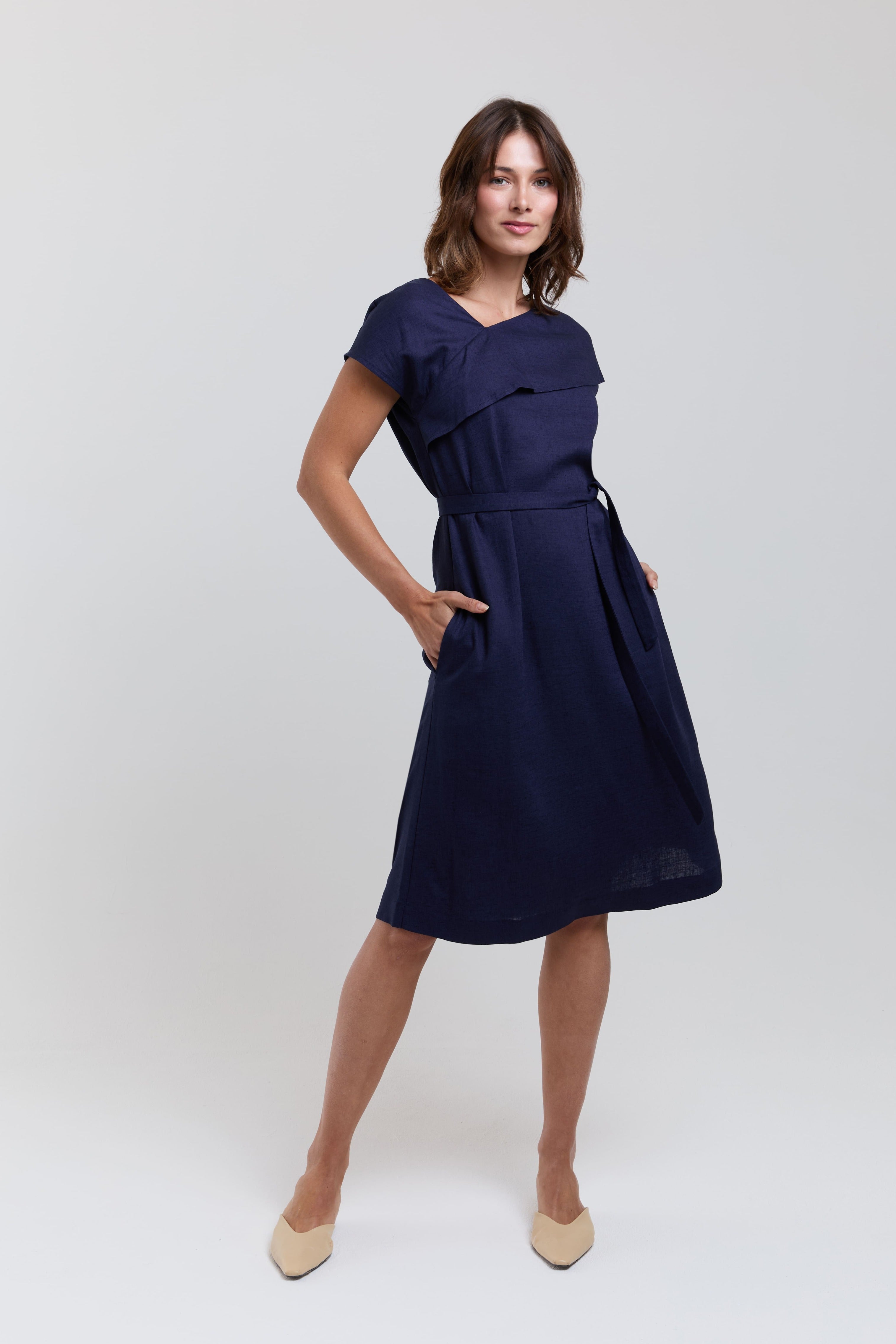 Daniela dark blue midi dress women ruffle neckline elegant office dress with pockets