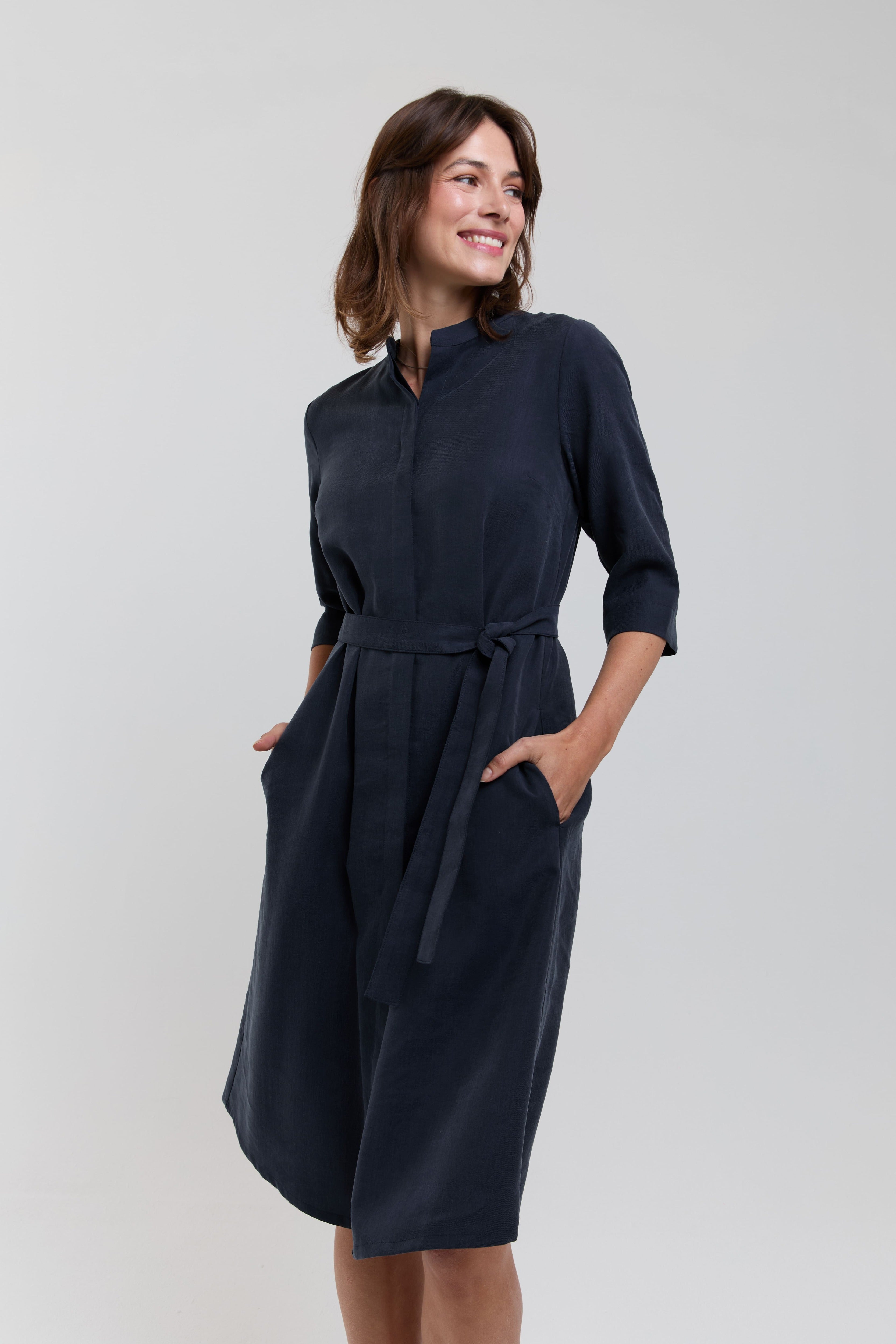 dark blue shirt dress women midi office dress work dress with belt AYANI with pockets