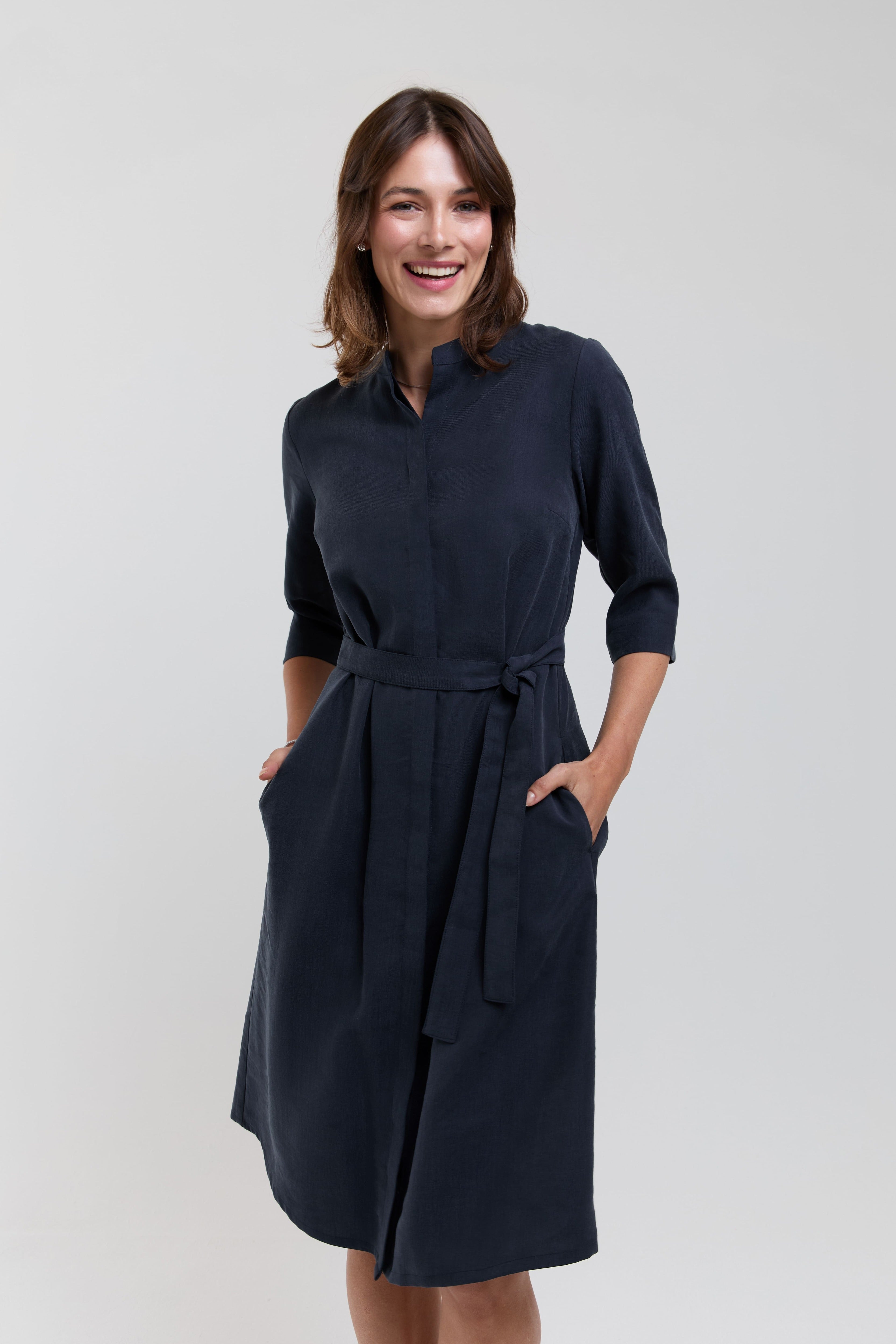 ANNE hemdblusenkleid dunkelblau midi damen elegant knielang bürokleid mit Taschen AYANI