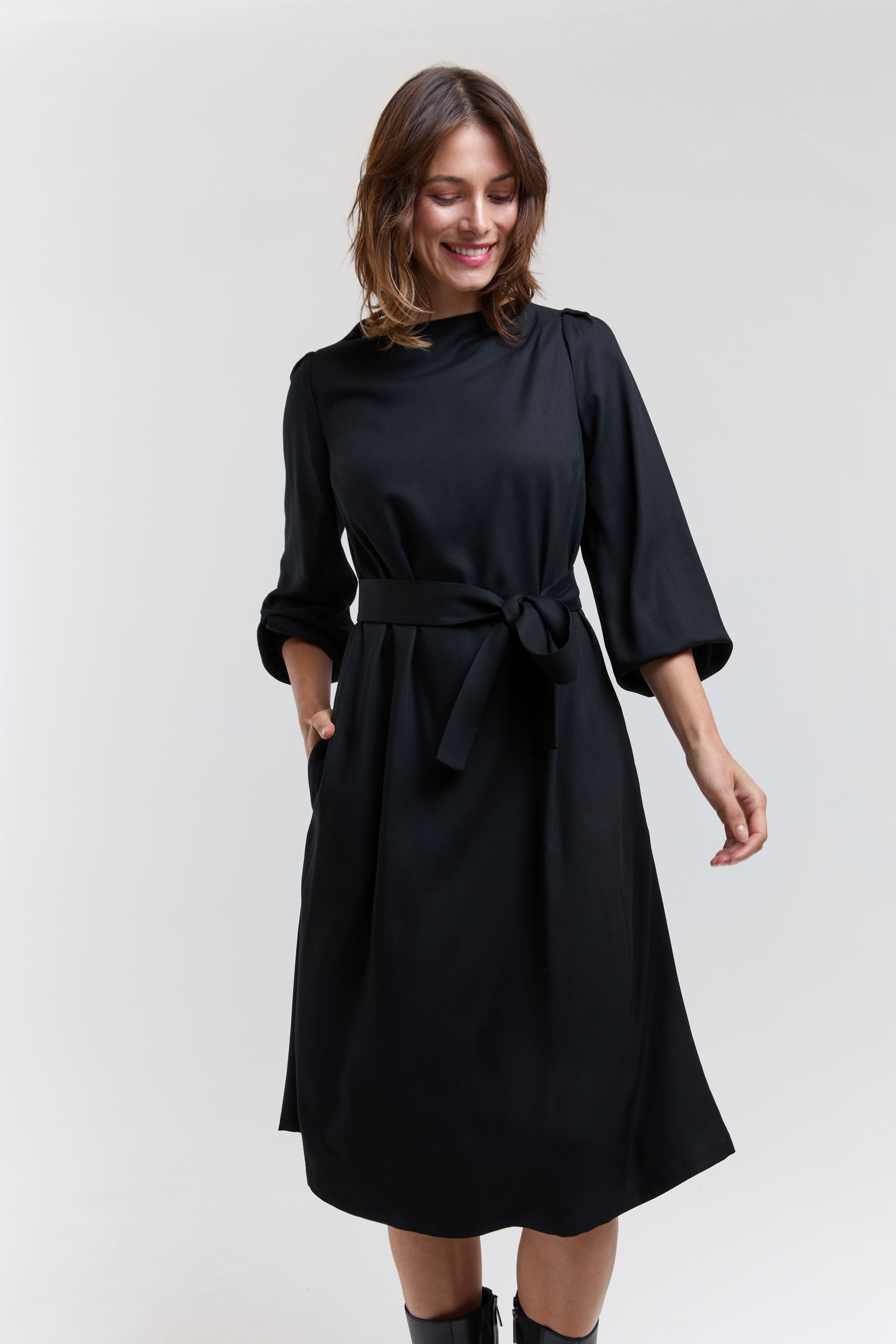 black long sleeve dress with pockets midi office dress women