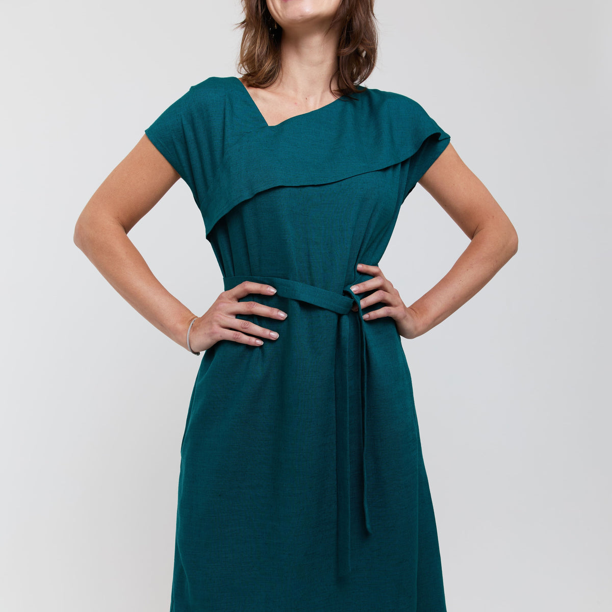 forest green midi dress Green Midi Dress Daniela - Elegant Forest Green Dress with Ruffle Neckline