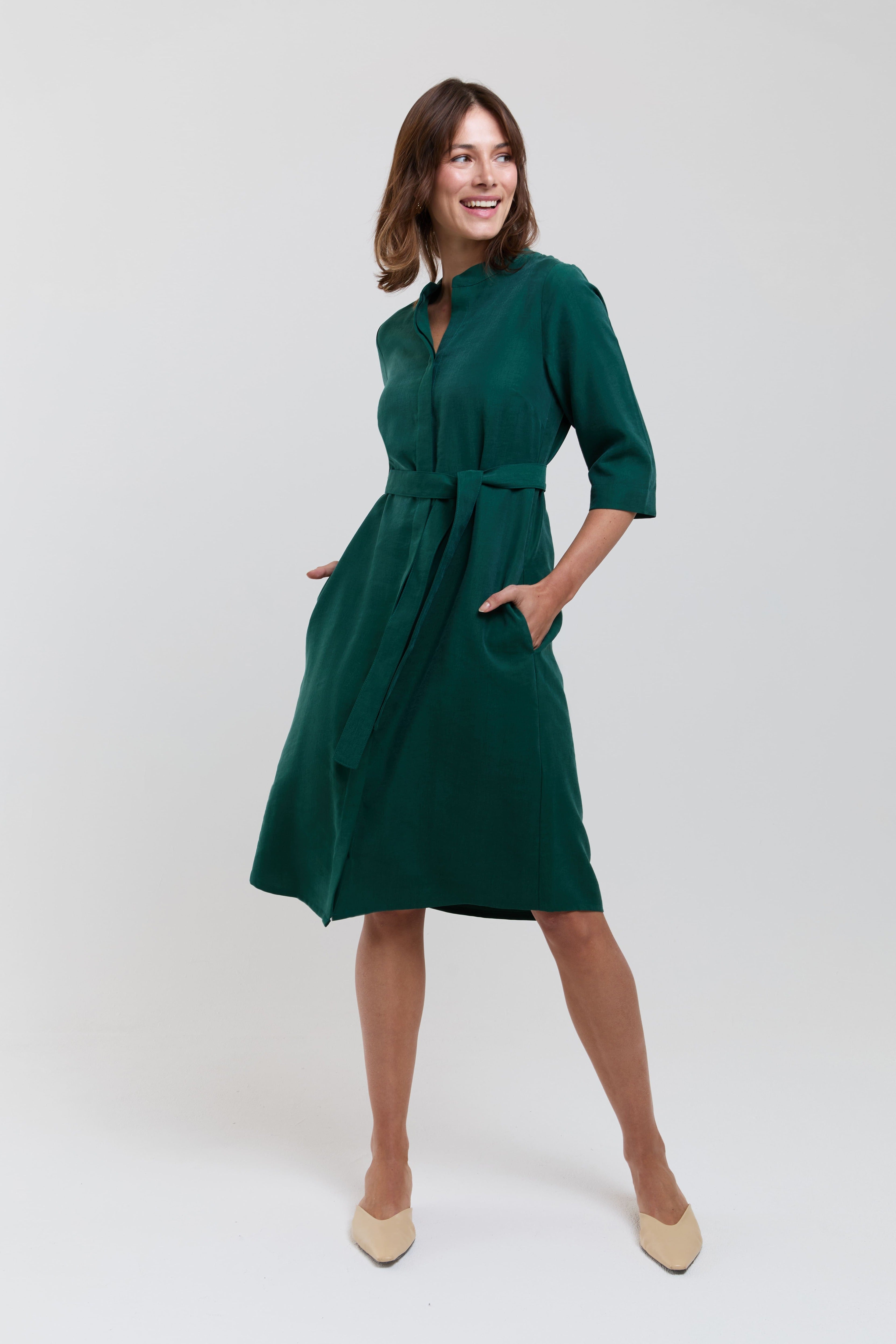 hemdblusenkleid grün midi damen elegant knielang bürokleid arbeitskleid mit Taschen AYANI