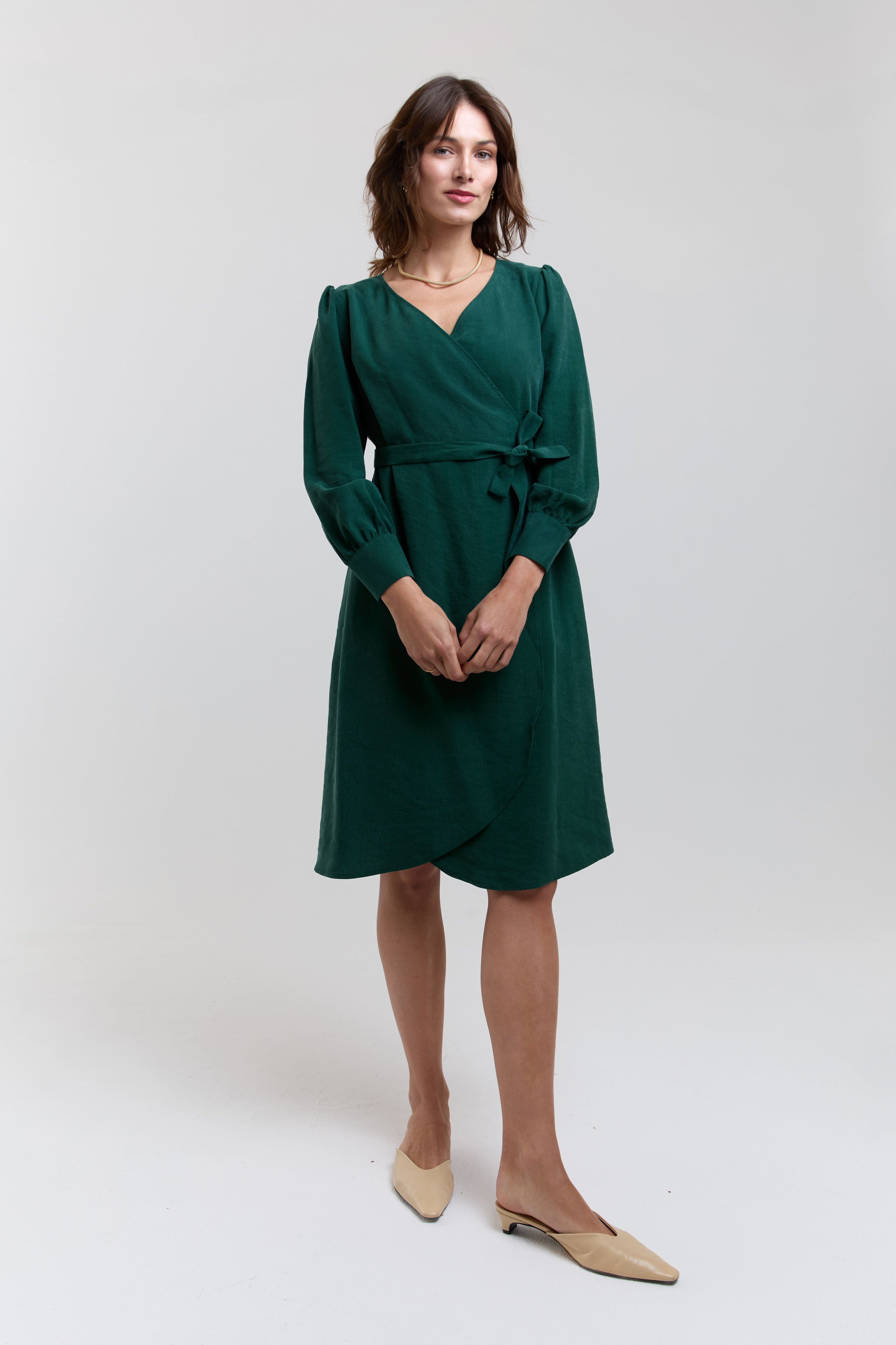 forest green wrap dress women long sleeve midi elegant work dress