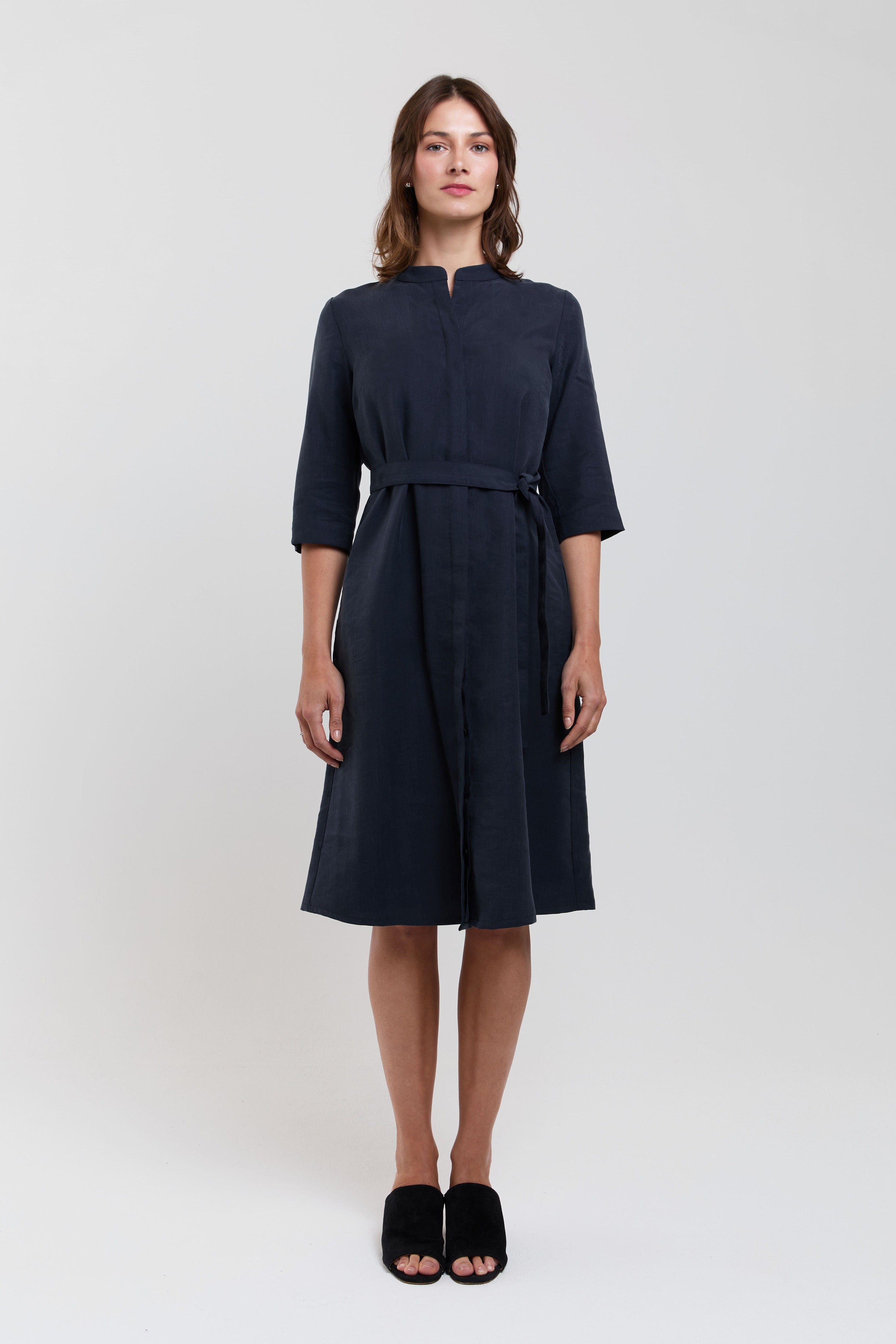 ANNE blue midi shirt dress women elegant work dress made from Tencel Lyocel