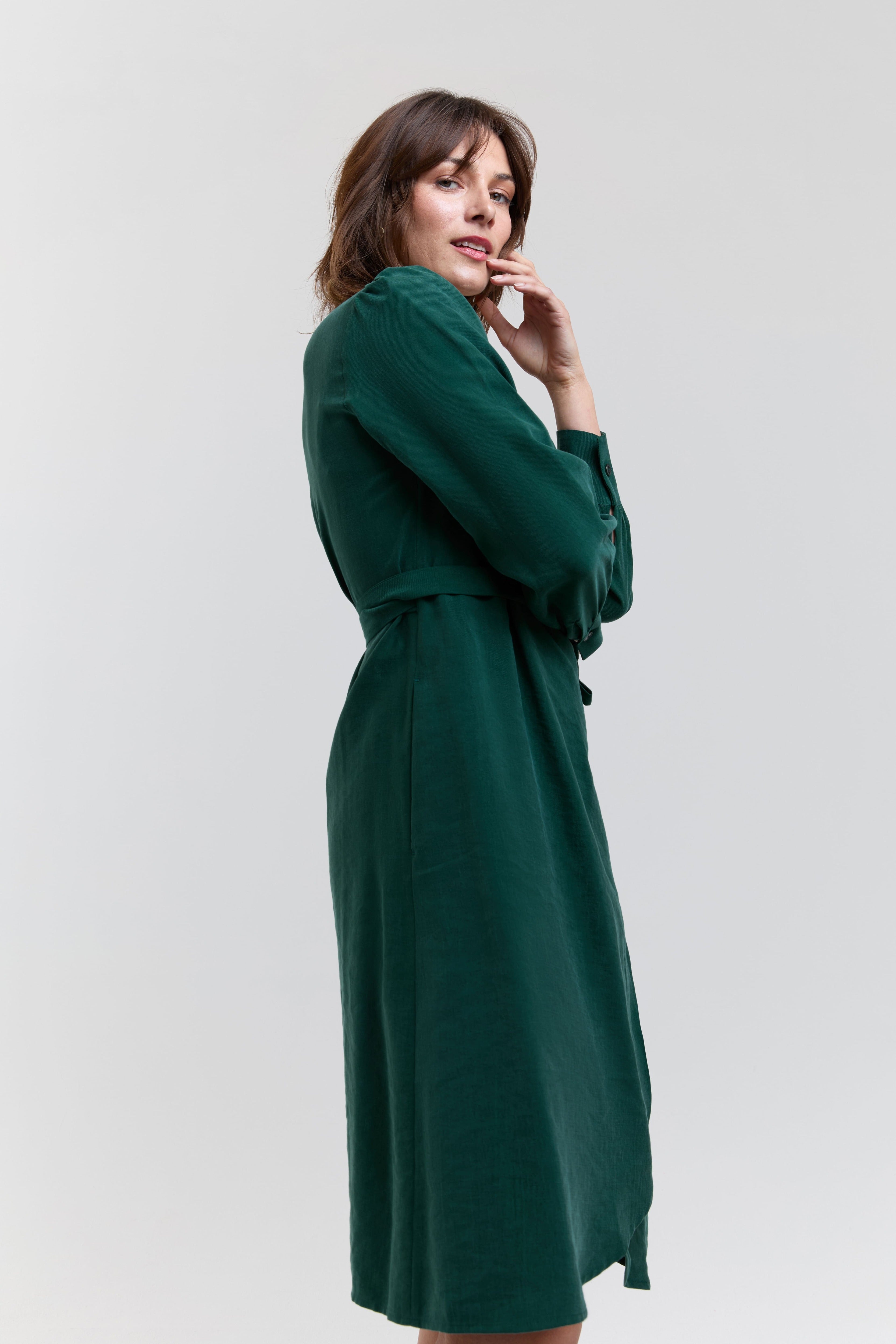 grünes wickelkleid damen midi langarm elegantes kleid büro