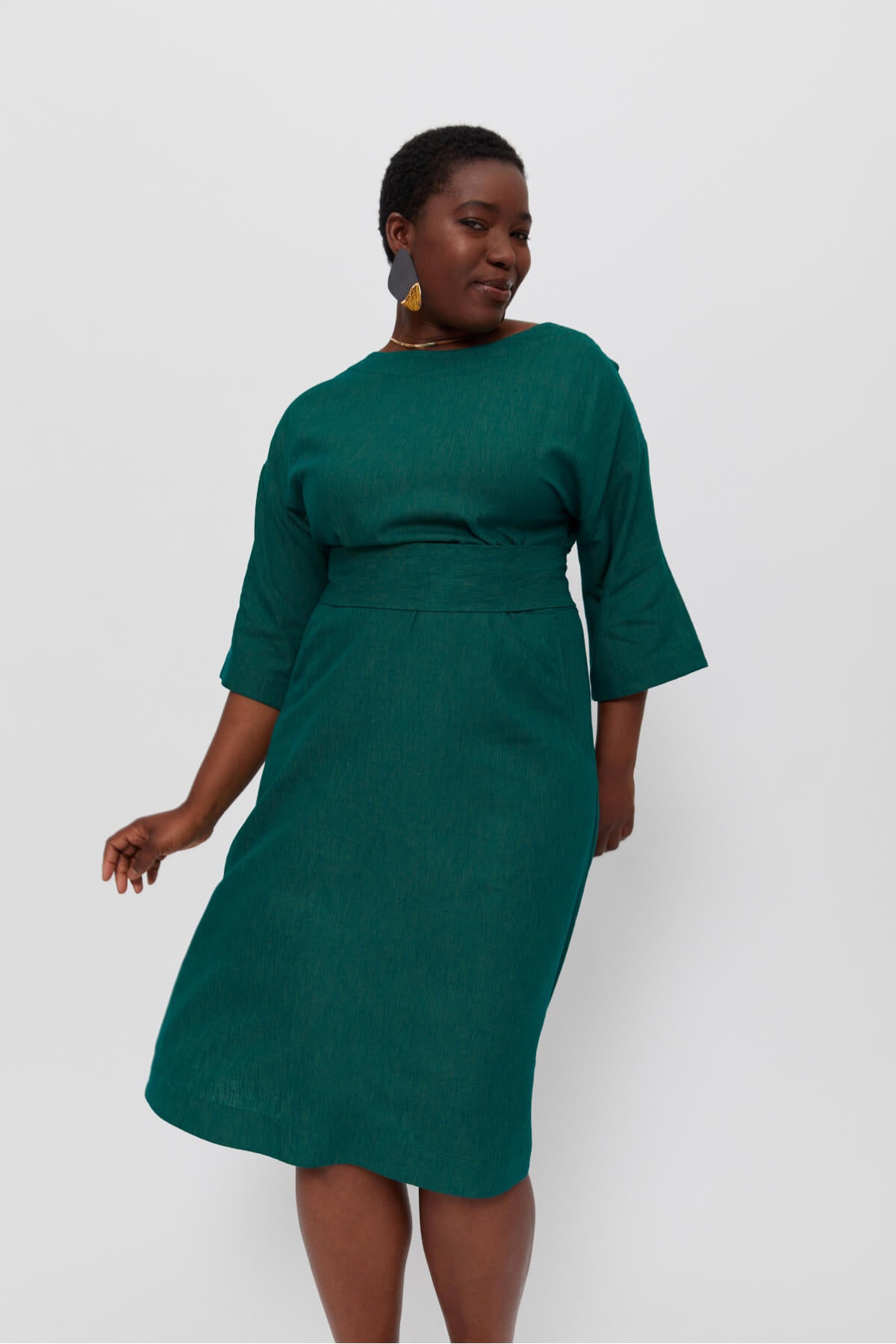 Mane | Elegant Midi Dress with Kimono Belt in Green