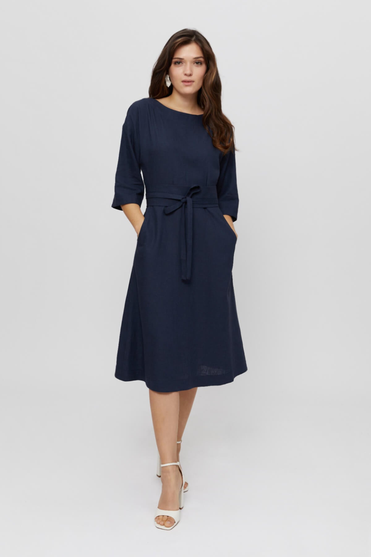 Mane | Elegant Midi Dress with Kimono Belt in Black-Blue