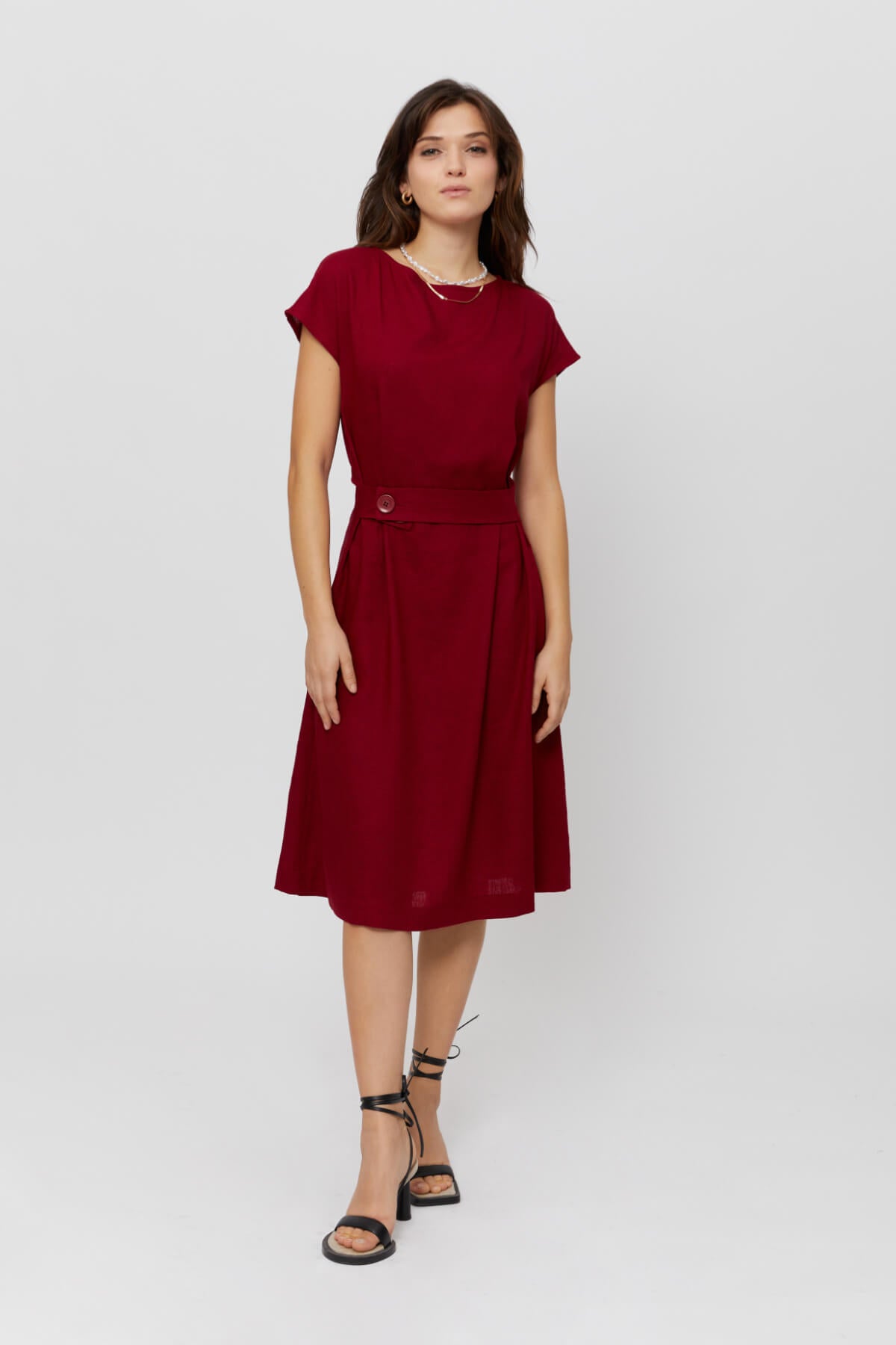 Red Linen Dress SATI · Summer Casual Midi A Line · Elegant Office Dress with Pockets - AYANI 