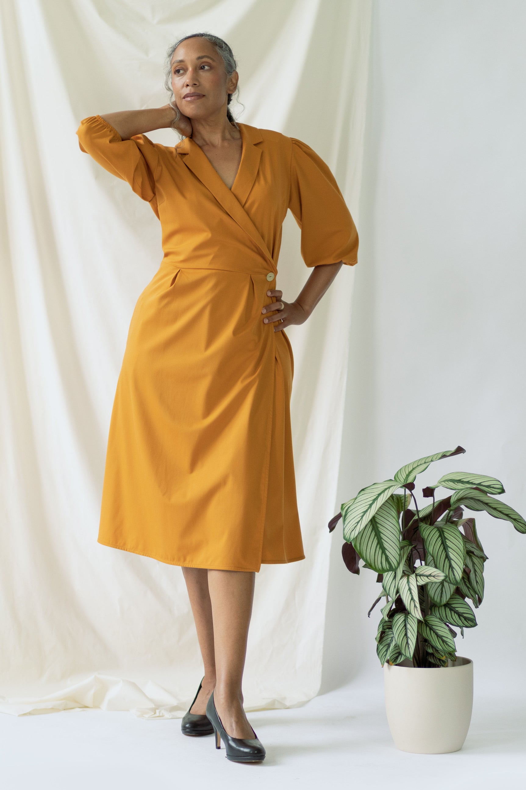 Isabel | Wrap Dress with balloon sleeves in Saffron