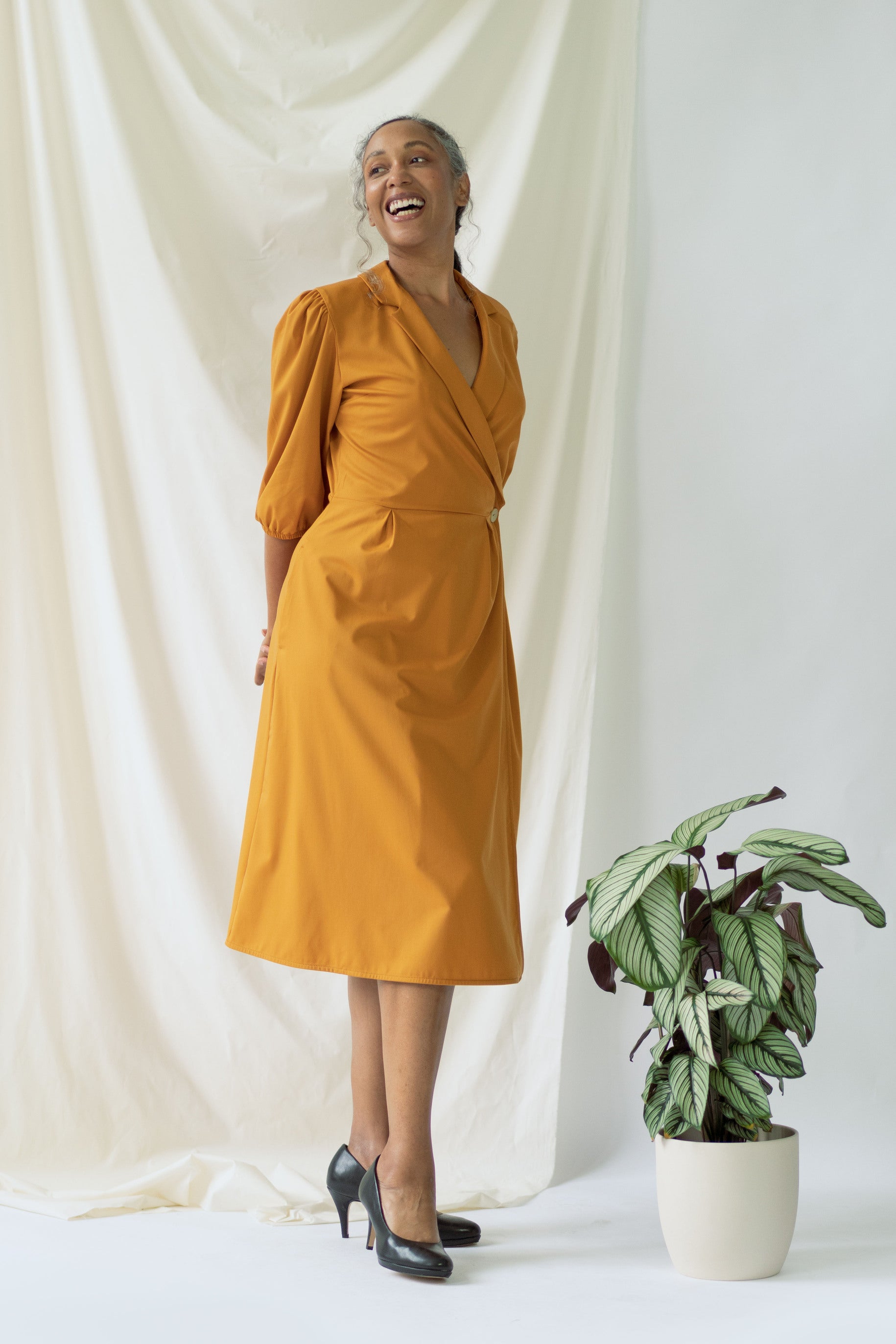 Isabel | Wrap Dress with balloon sleeves in Saffron