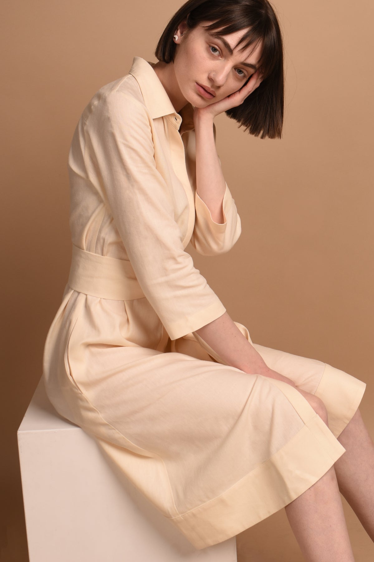 Mariam | Linen Shirt Dress with Wide Belt in Cream